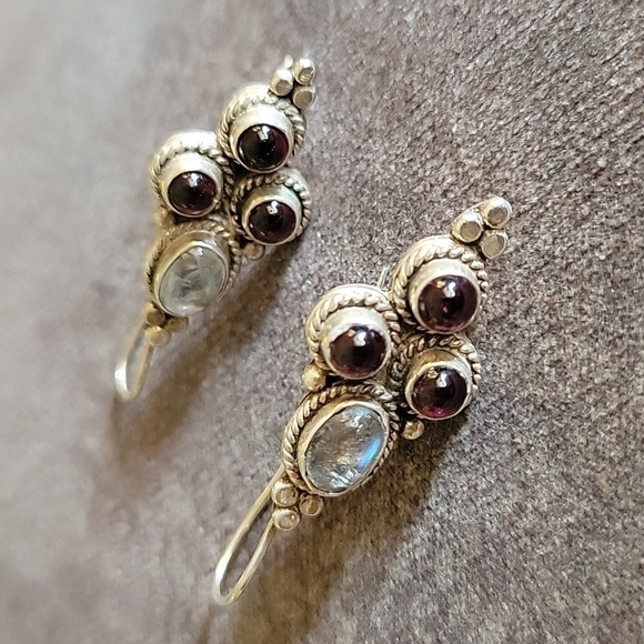 Sterling Oxidized Silver Garnet Labrodite Dangle Hook Earrings - Picture 4 of 5